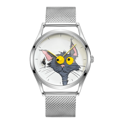Chase Me, Kitty! watch with white cat-and-mouse dial, yellow hands and silver Milanese mesh strap, front view