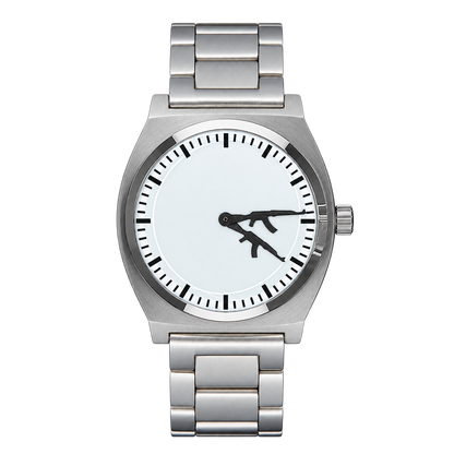 CHOOSZ Arcade Loadout watch with white dial, black gun-shaped hands and silver three-link steel bracelet, front view