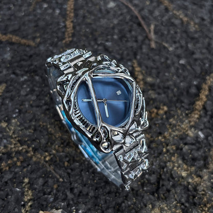 Void Lattice cadran bleu montre cage en métal cyberpunk angle