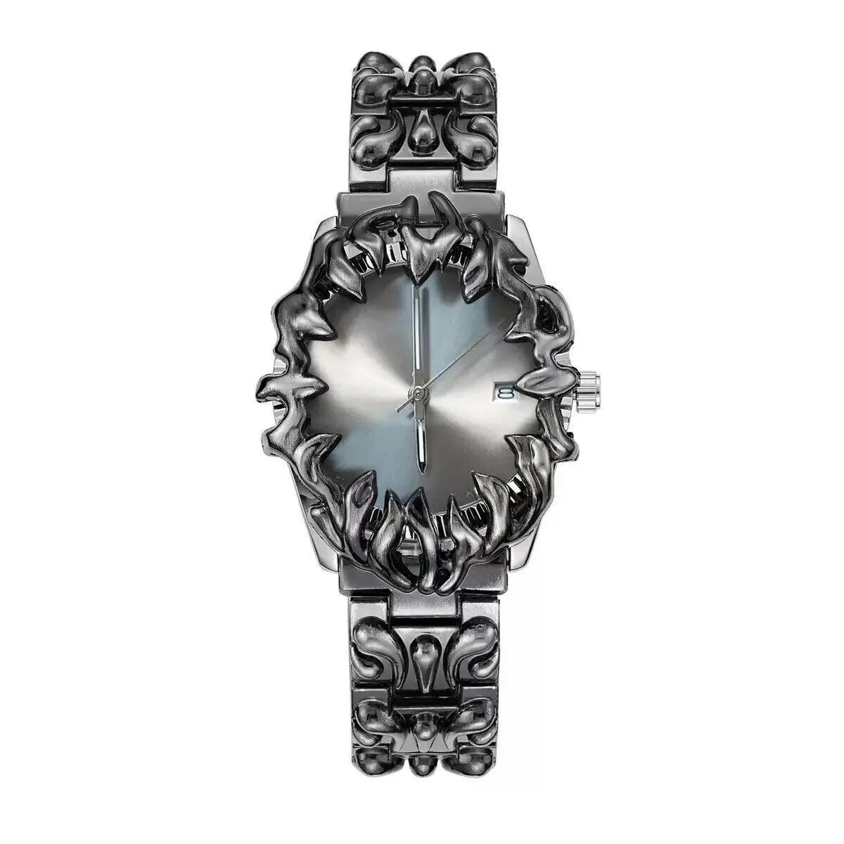 Abyssal Vine silver dial gothic sculpted metal watch front view
