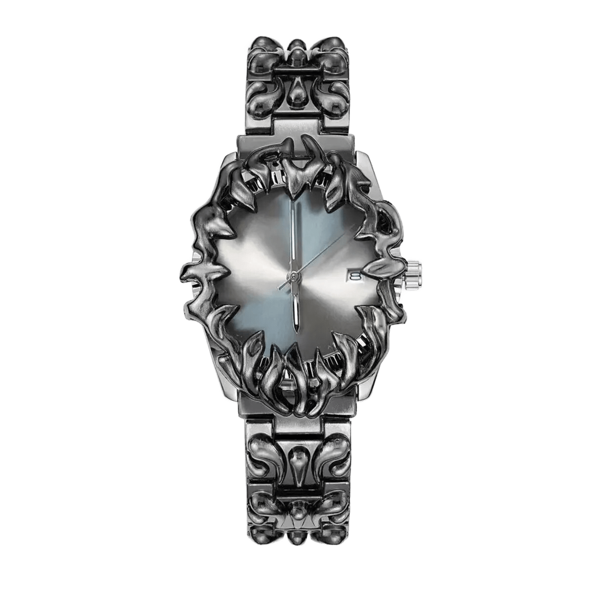 Abyssal Vine watch with silver dial, date window, sculpted silver-tone claw frame and matching metal bracelet, front view