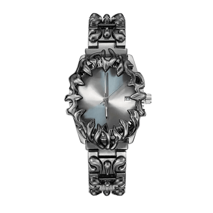 Abyssal Vine watch with silver dial, date window, sculpted silver-tone claw frame and matching metal bracelet, front view