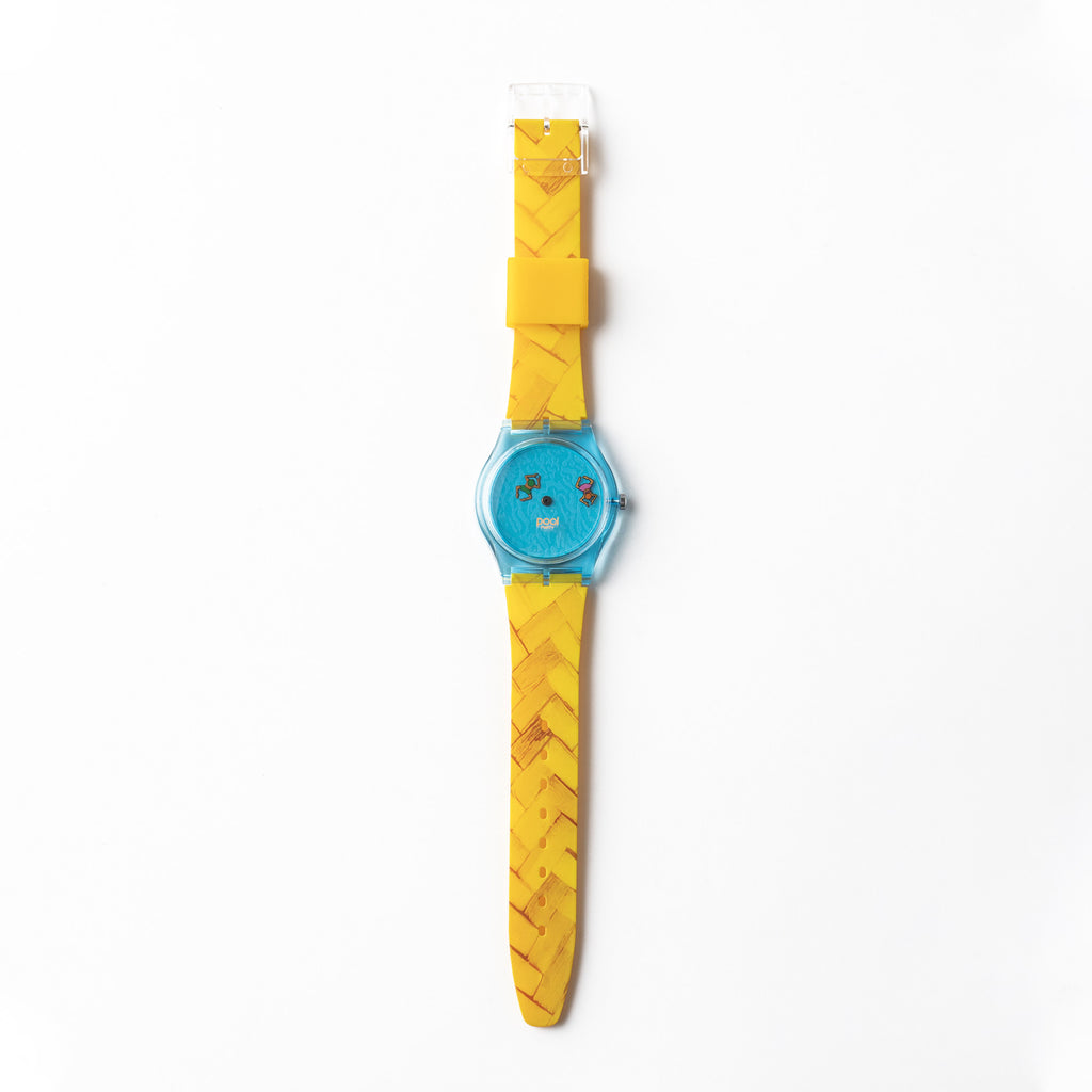 Pool Party aqua blue watch with yellow woven pattern strap