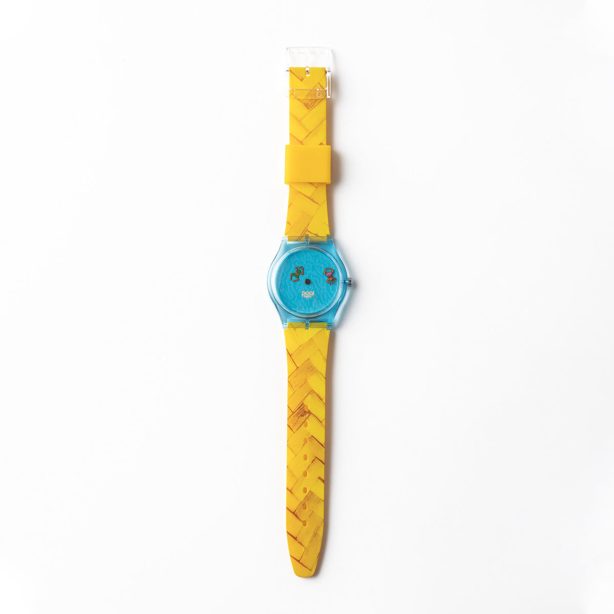 Pool Party aqua blue watch with yellow woven pattern strap