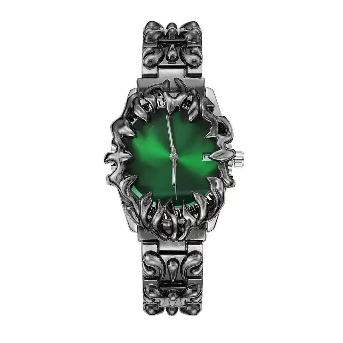 Abyssal Vine green dial gothic sculpted metal watch front view
