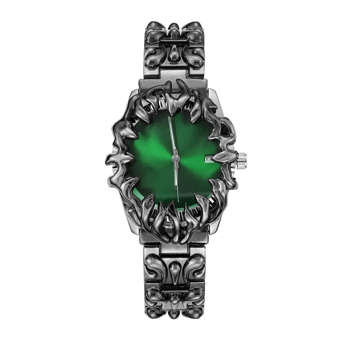 Abyssal Vine watch with green dial, date window, sculpted silver-tone claw frame and matching metal bracelet, front view