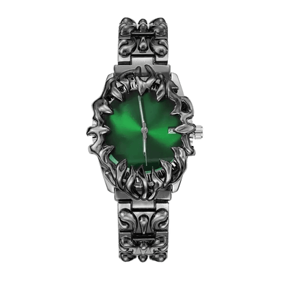 Abyssal Vine watch with green dial, date window, sculpted silver-tone claw frame and matching metal bracelet, front view