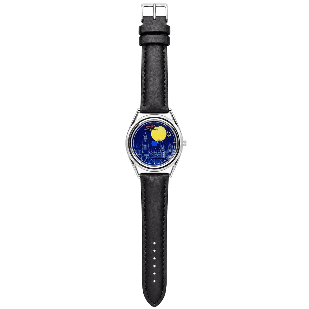 Full-length CHOOSZ The Golden Chase watch with blue castle-and-moon dial, silver case and stitched black leather strap with buckle