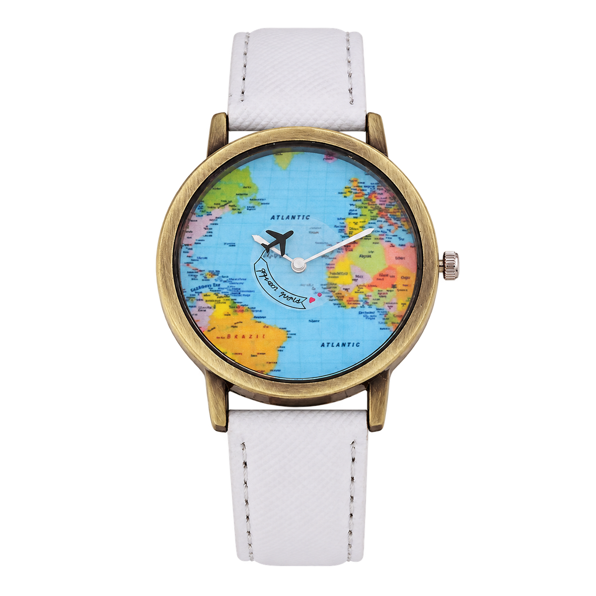 CHOOSZ Wander Orbit watch with blue world-map dial, airplane-shaped seconds hand, antique gold-tone case and white textured strap