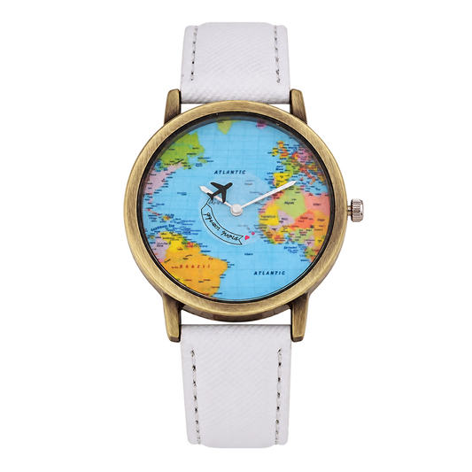 CHOOSZ Wander Orbit watch with blue world-map dial, airplane-shaped seconds hand, antique gold-tone case and white textured strap