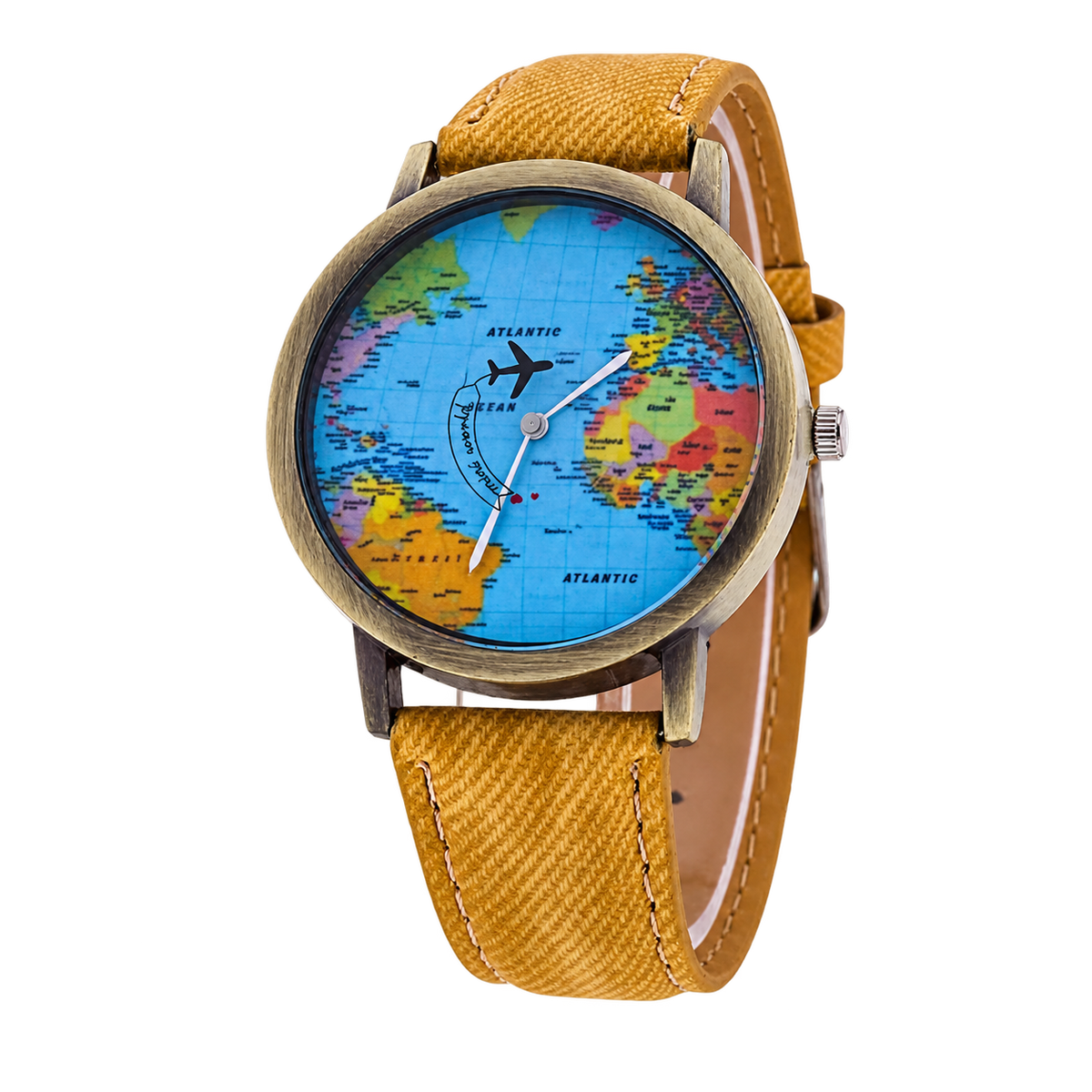 CHOOSZ Wander Orbit watch with blue world-map dial, airplane-shaped seconds hand, antique gold-tone case and mustard yellow textured strap