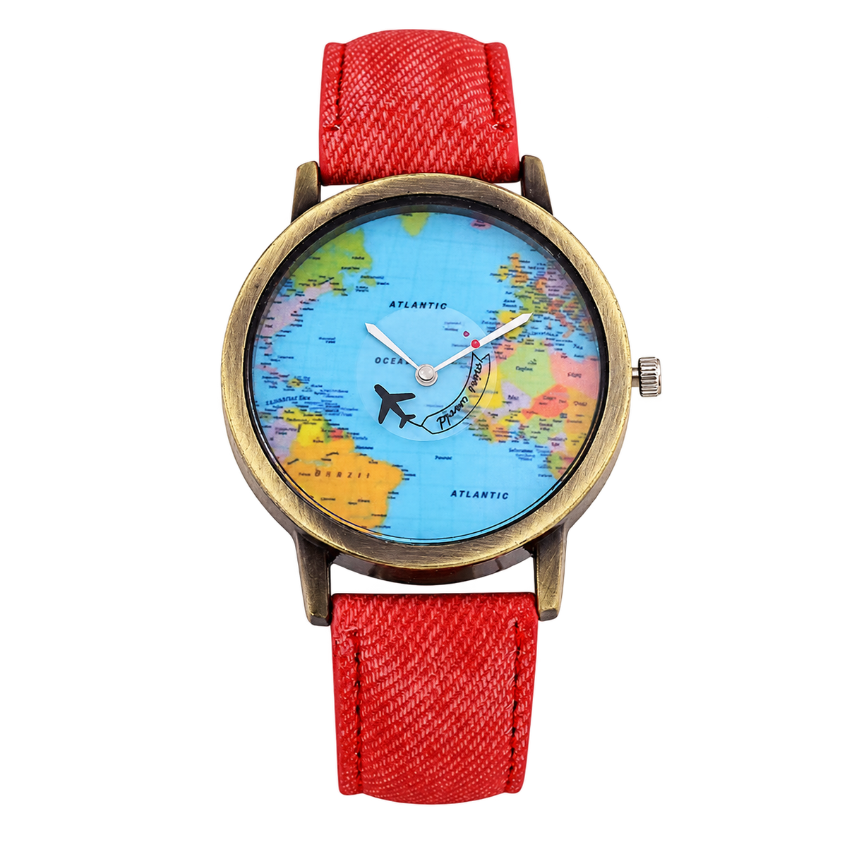 CHOOSZ Wander Orbit watch with blue world-map dial, airplane-shaped seconds hand, antique gold-tone case and red textured strap