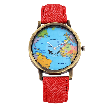 CHOOSZ Wander Orbit watch with blue world-map dial, airplane-shaped seconds hand, antique gold-tone case and red textured strap