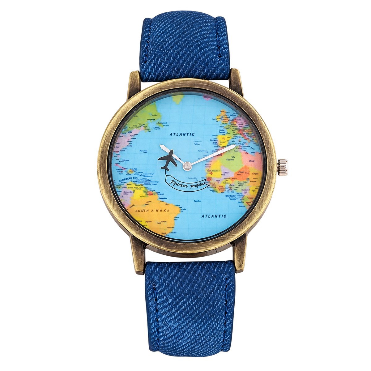 CHOOSZ Wander Orbit watch with blue world-map dial, airplane-shaped seconds hand, antique gold-tone case and blue textured strap