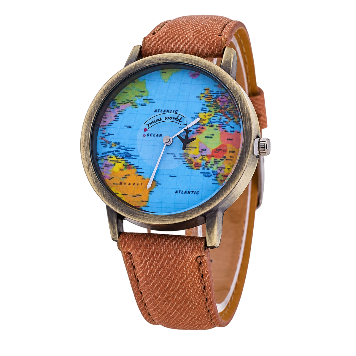 Angled view of CHOOSZ Wander Orbit watch with blue world-map dial, airplane-shaped seconds hand and brown textured strap