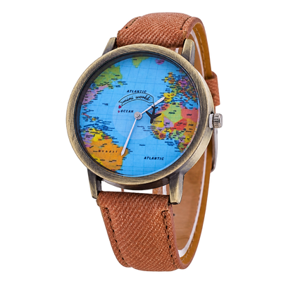 Angled view of CHOOSZ Wander Orbit watch with blue world-map dial, airplane-shaped seconds hand and brown textured strap