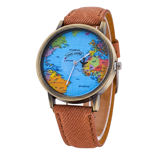 Angled view of CHOOSZ Wander Orbit watch with blue world-map dial, airplane-shaped seconds hand and brown textured strap