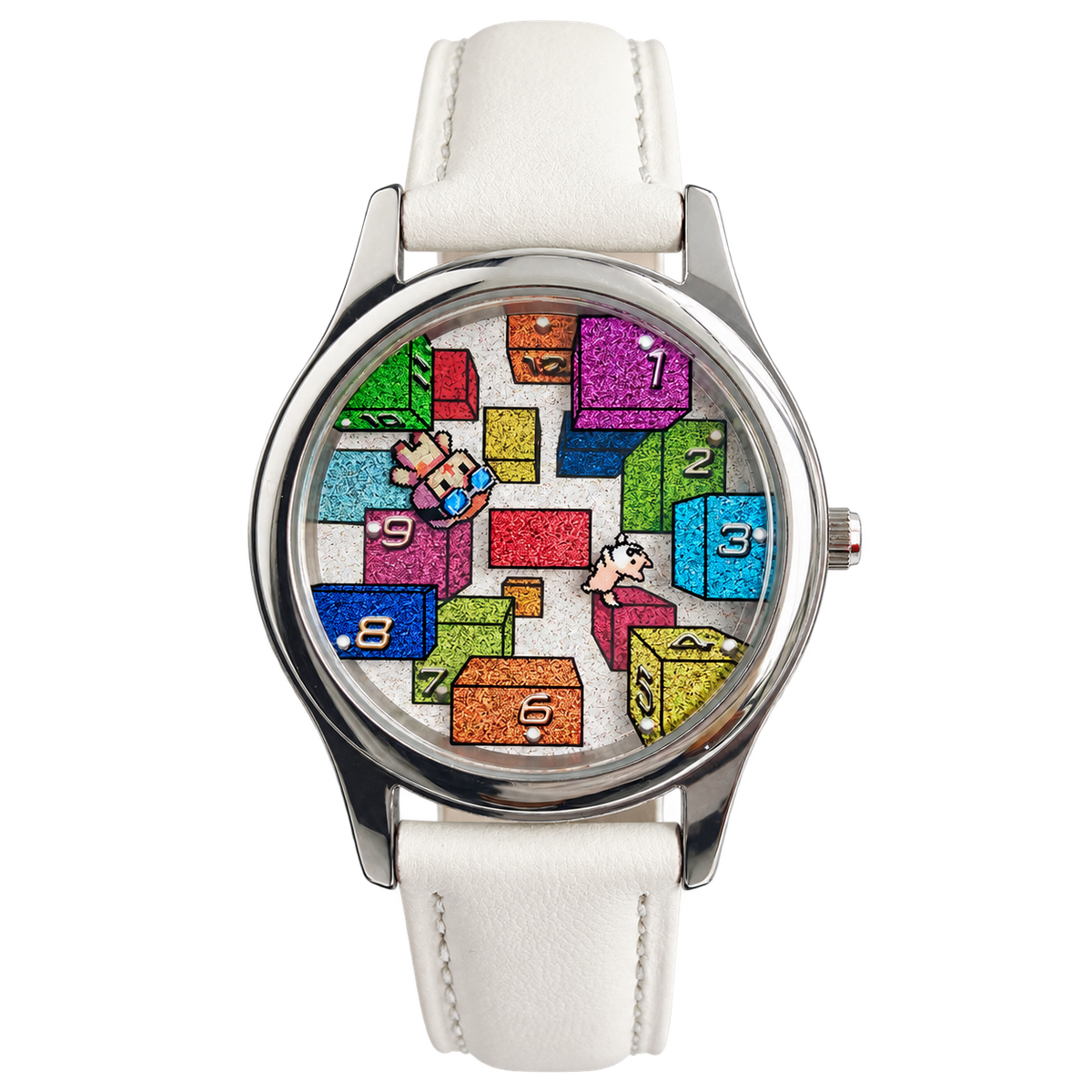 CHOOSZ Weightless Hours watch with colorful numbered blocks and floating character illustrations, silver case and white leather strap