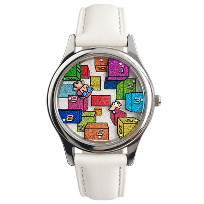 CHOOSZ Weightless Hours watch with colorful numbered blocks and floating character illustrations, silver case and white leather strap