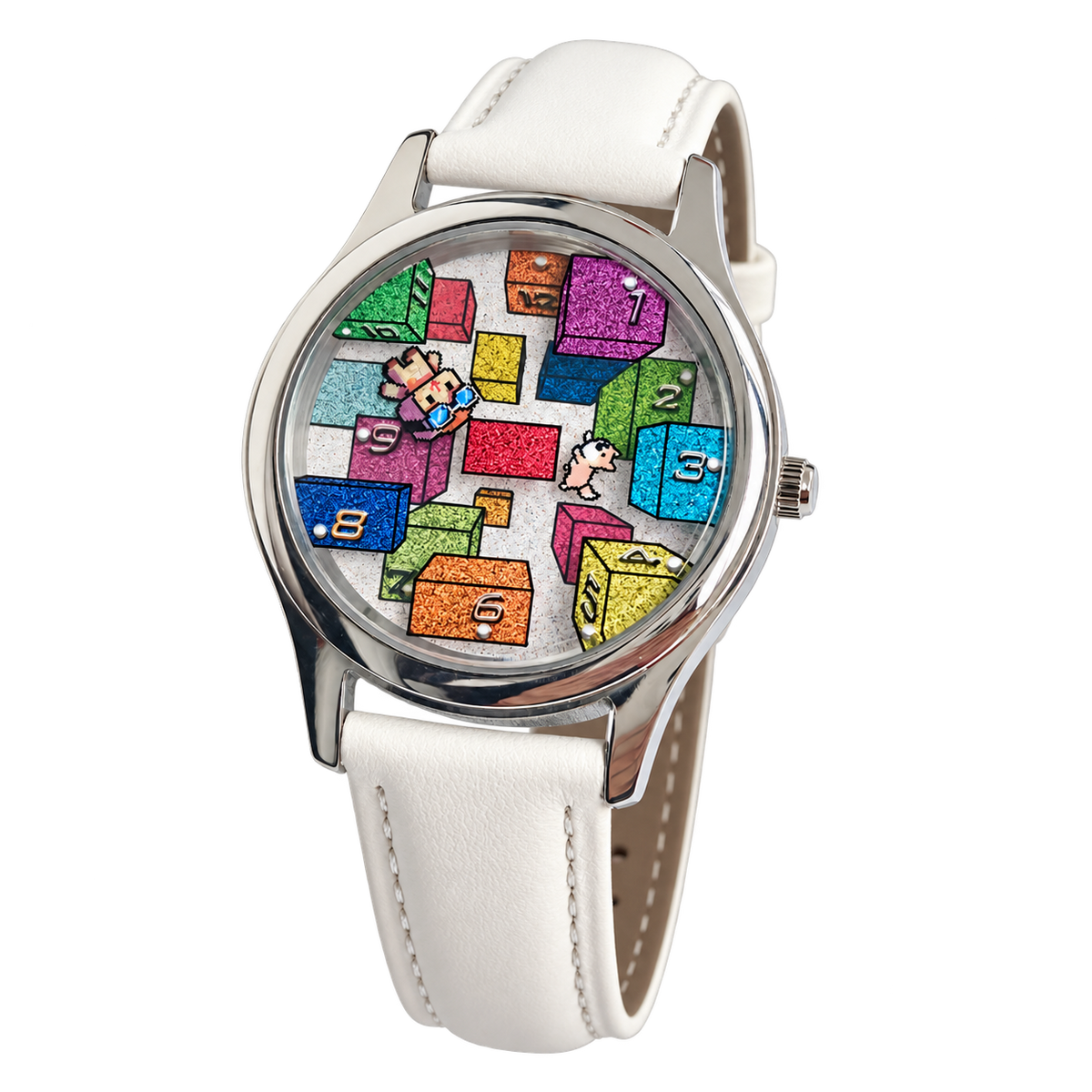 Angled view of CHOOSZ Weightless Hours watch with colorful numbered-block dial, silver case and white leather strap