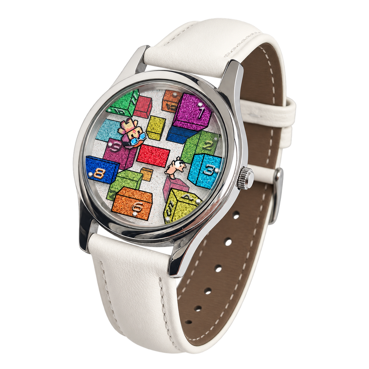 Three-quarter view of CHOOSZ Weightless Hours watch showing its colorful illustrated dial, polished silver case and stitched white leather strap