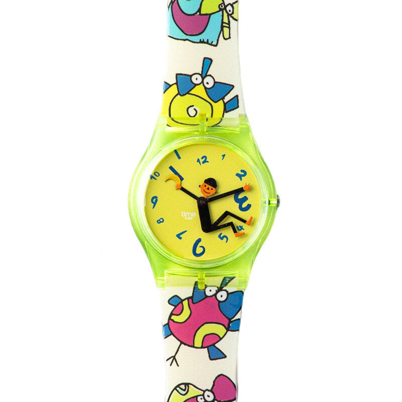 Time Thief colorful pop art quartz watch with translucent neon strap