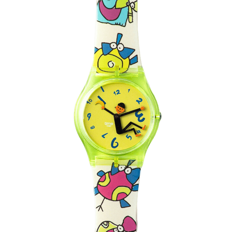 CHOOSZ Time Thief montre avec boîtier vert néon, cadran de dessin animé jaune et bracelet illustré Monster Parade coloré