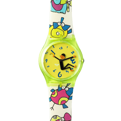 CHOOSZ Time Thief montre avec boîtier vert néon, cadran de dessin animé jaune et bracelet illustré Monster Parade coloré