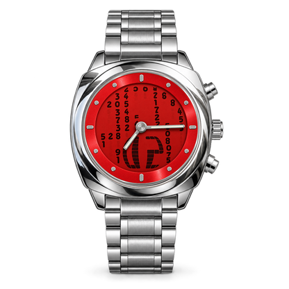 Front view of CHOOSZ Code Rain watch with red rolling-number dial, silver hour markers, analog hands and stainless steel bracelet