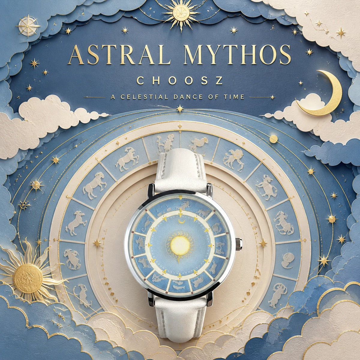 Astral Mythos zodiac watch surrounded by twelve star signs