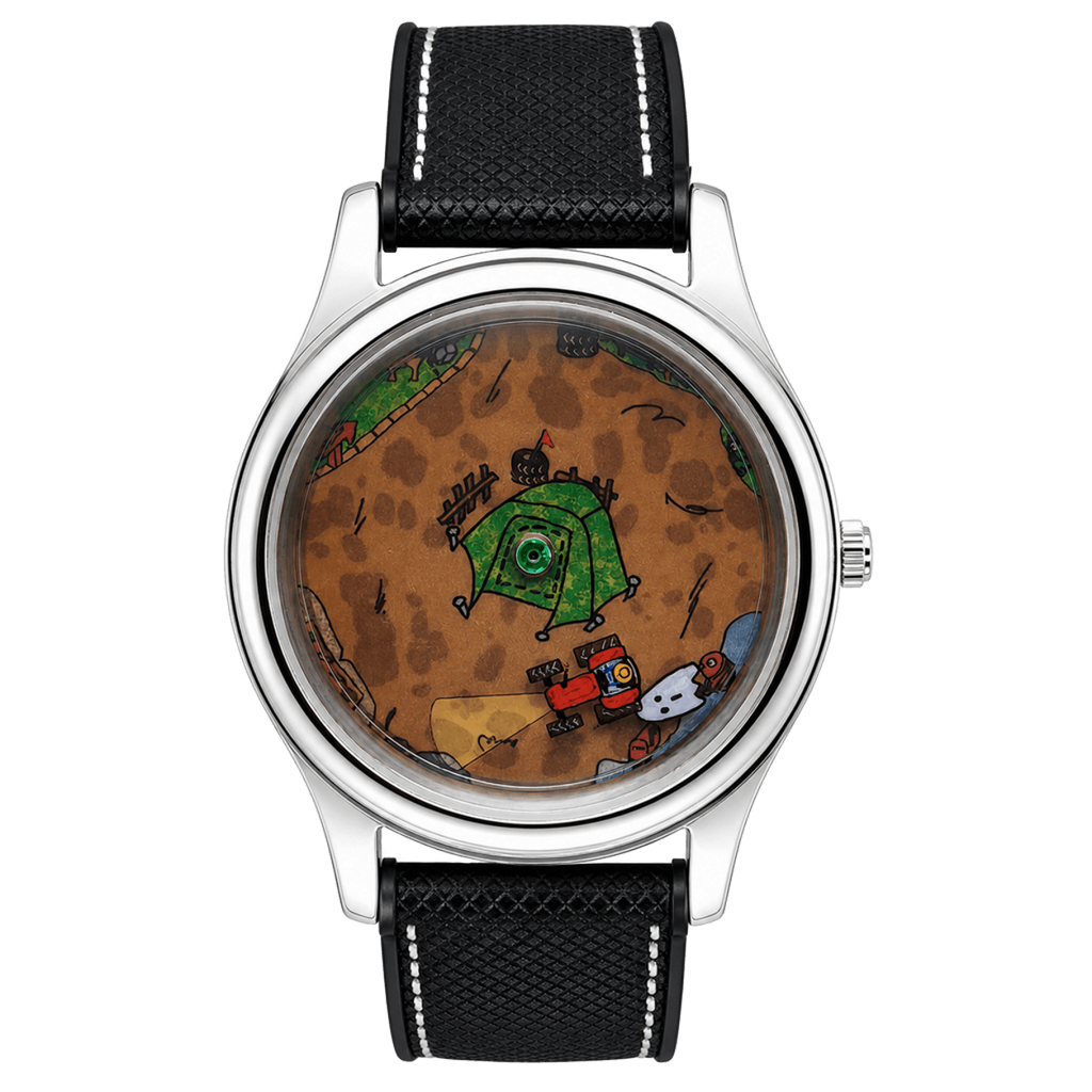 Nightshift Wraith hand-painted watch with night owl, tractor, ghost and green tent