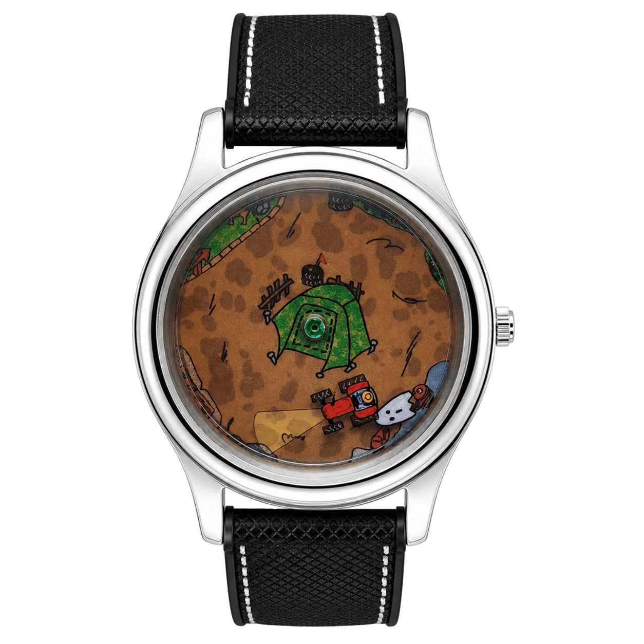 Nightshift Wraith hand-painted watch with night owl, tractor, ghost and green tent
