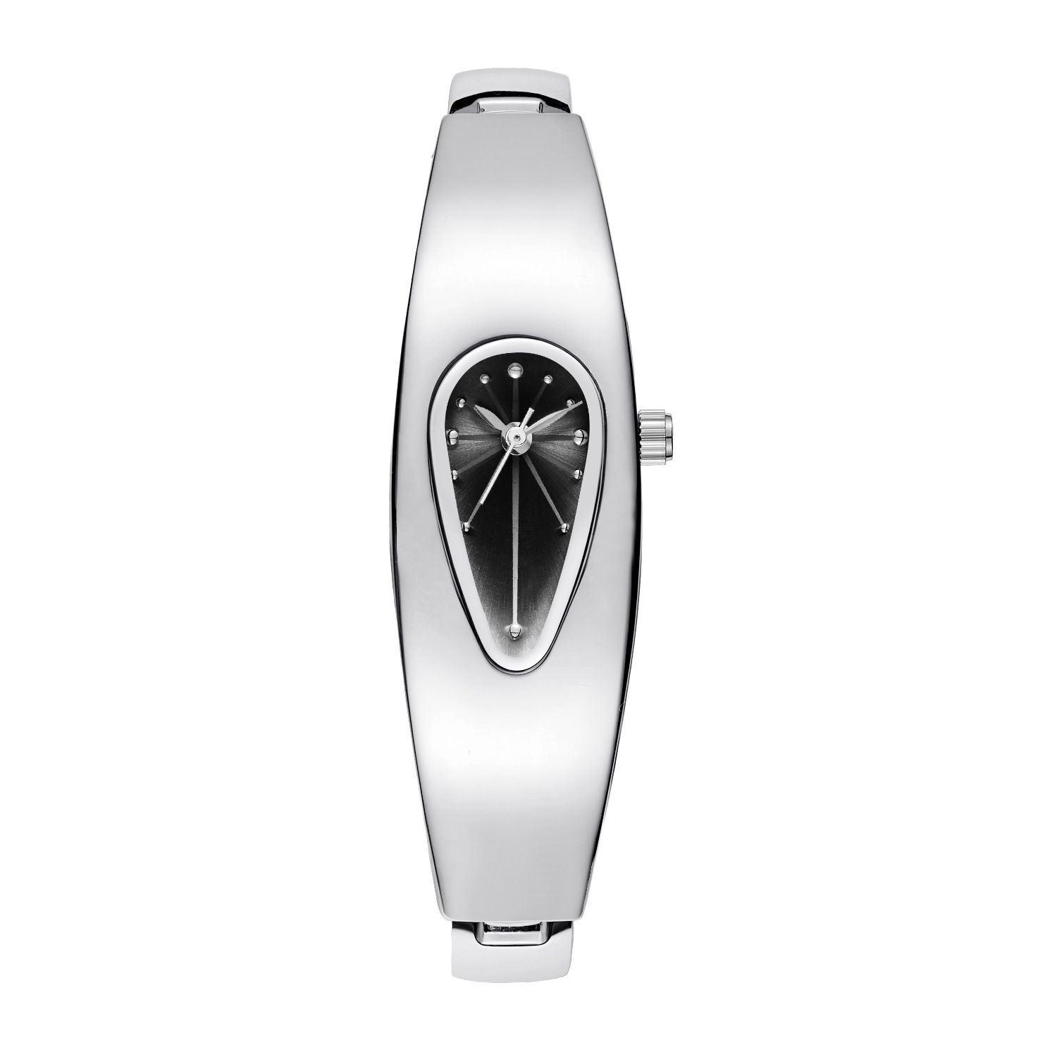 Mercury Drop black dial Y2K futuristic waterdrop watch front view