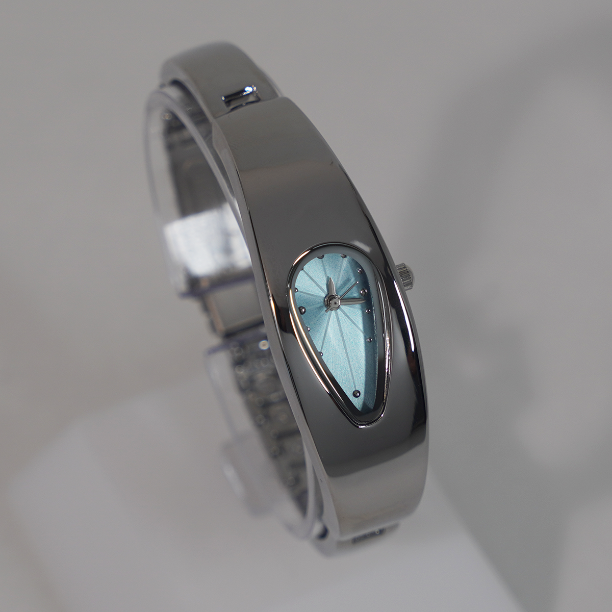 Mercury Drop blue dial Y2K futuristic waterdrop watch angled view