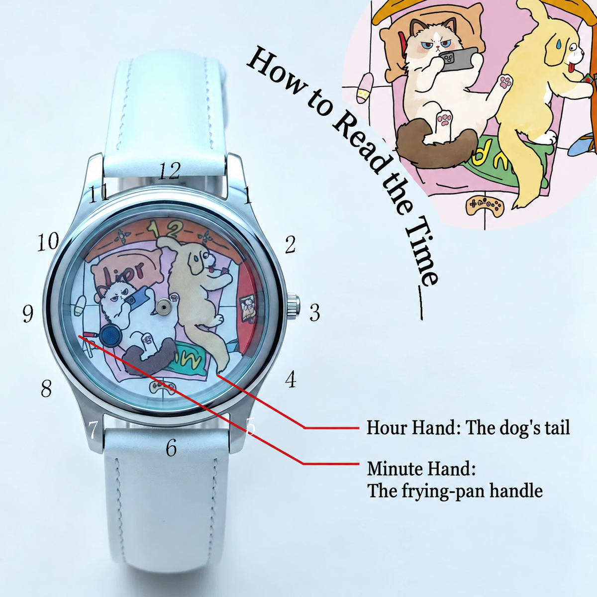 CHOOSZ Cozy Co-op time-reading guide: the dog's tail indicates the hour and the frying-pan handle indicates the minute