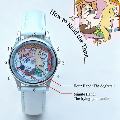 CHOOSZ Cozy Co-op time-reading guide: the dog's tail indicates the hour and the frying-pan handle indicates the minute