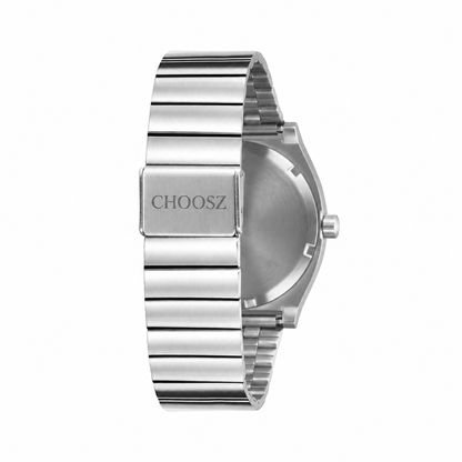 Rear view of a CHOOSZ silver watch with single-link steel bracelet, branded clasp and brushed metal case back