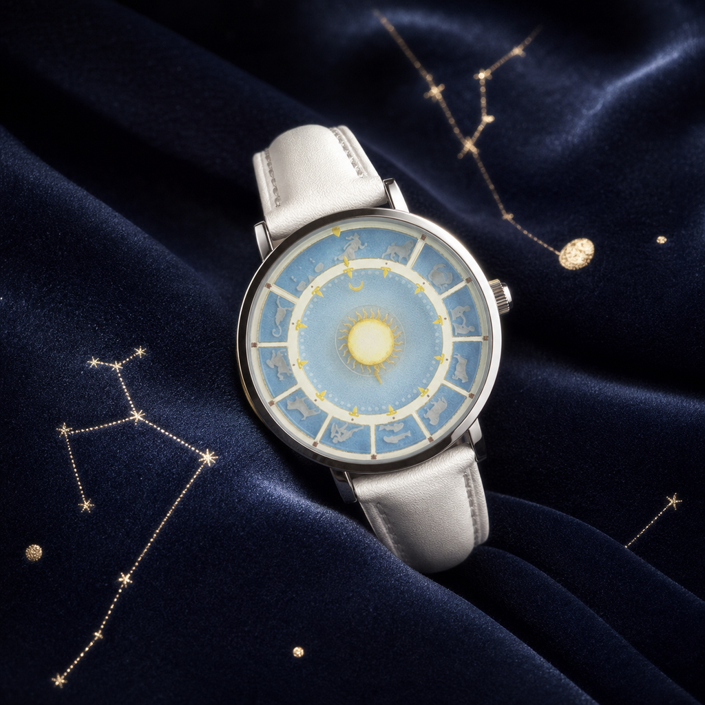 Astral Mythos zodiac watch with white strap on starry navy satin background