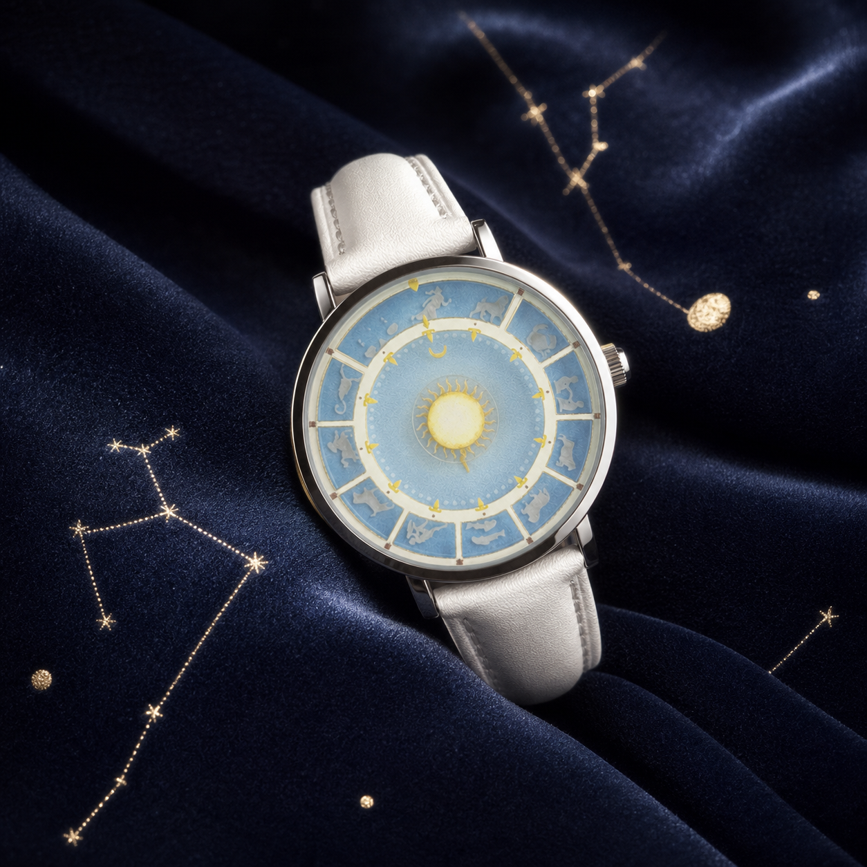 Astral Mythos zodiac watch with white strap on starry navy satin background