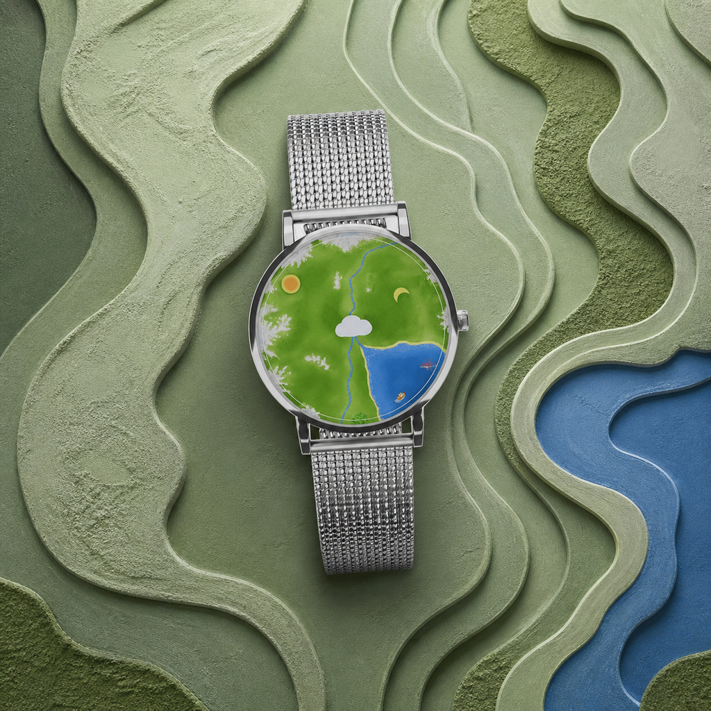 Nature's Orbit watch with silver mesh strap on layered green topographic background