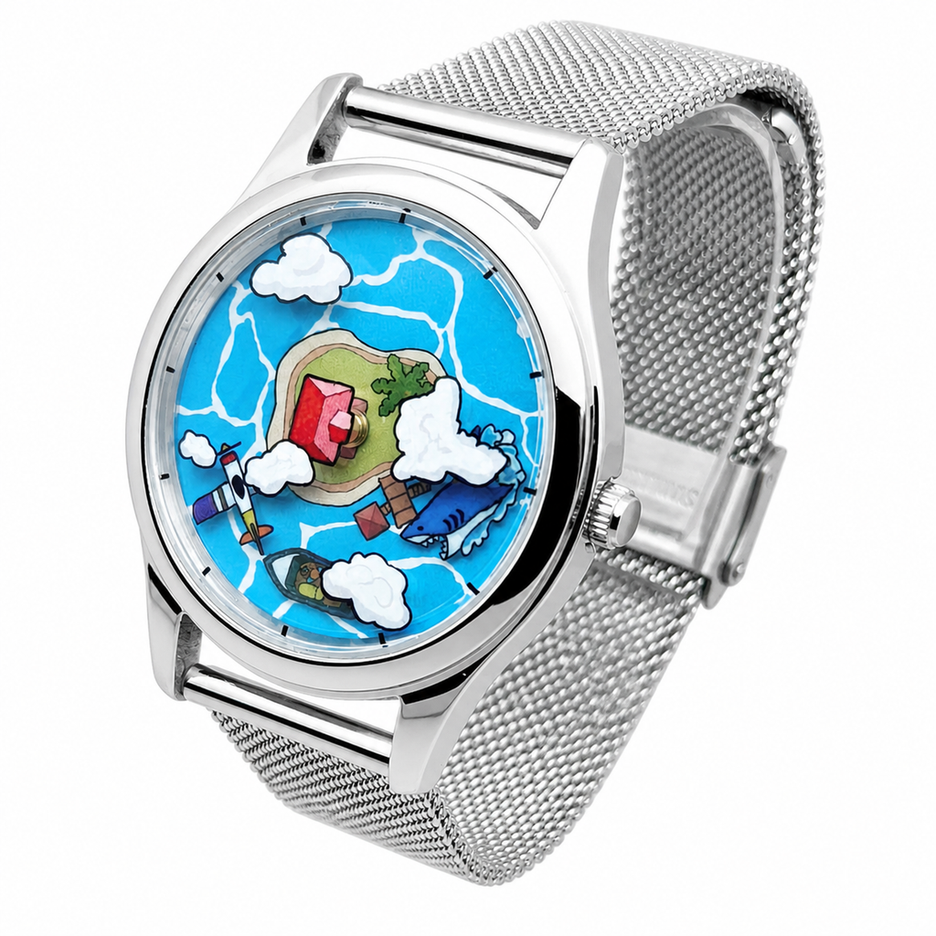 Voyager's Log hand-painted island watch angled view with mesh strap