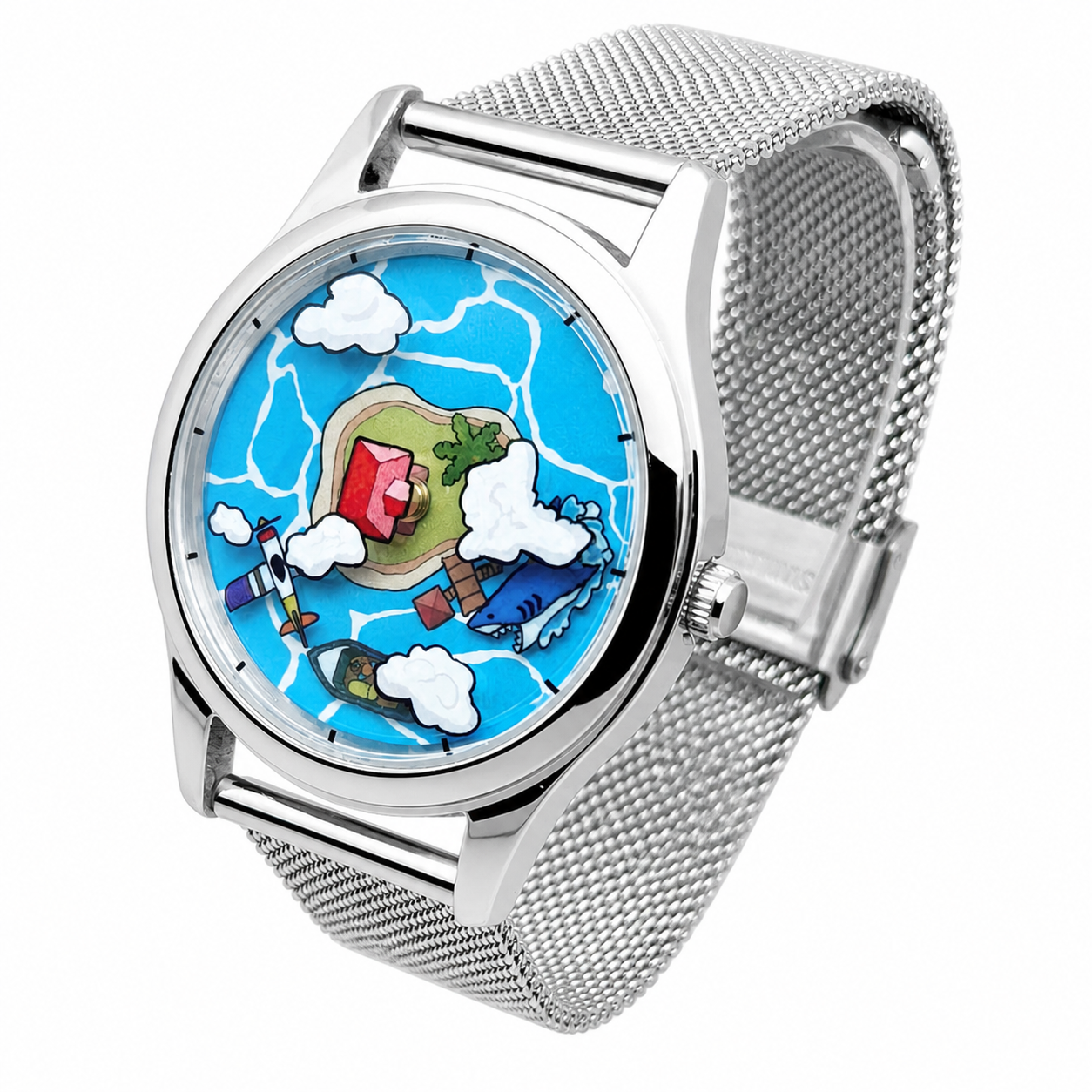 Voyager's Log hand-painted island watch angled view with mesh strap