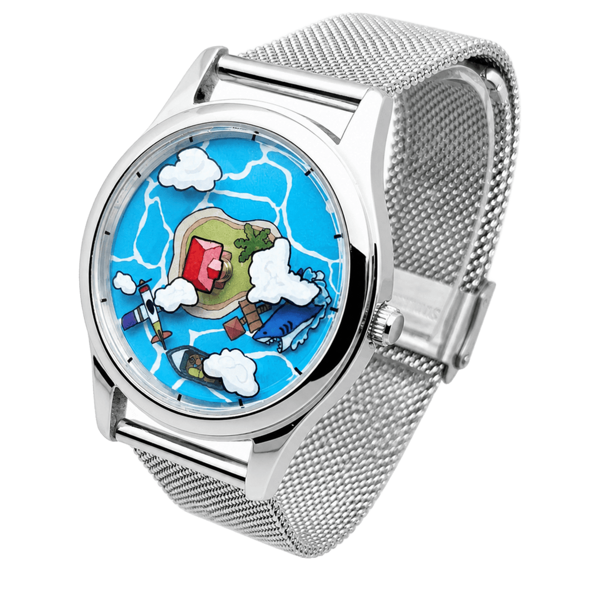 Angled view of Voyager's Log blue island dial watch showing airplane, shark and clouds, polished steel case and silver mesh strap