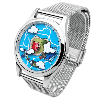 Angled view of Voyager's Log blue island dial watch showing airplane, shark and clouds, polished steel case and silver mesh strap