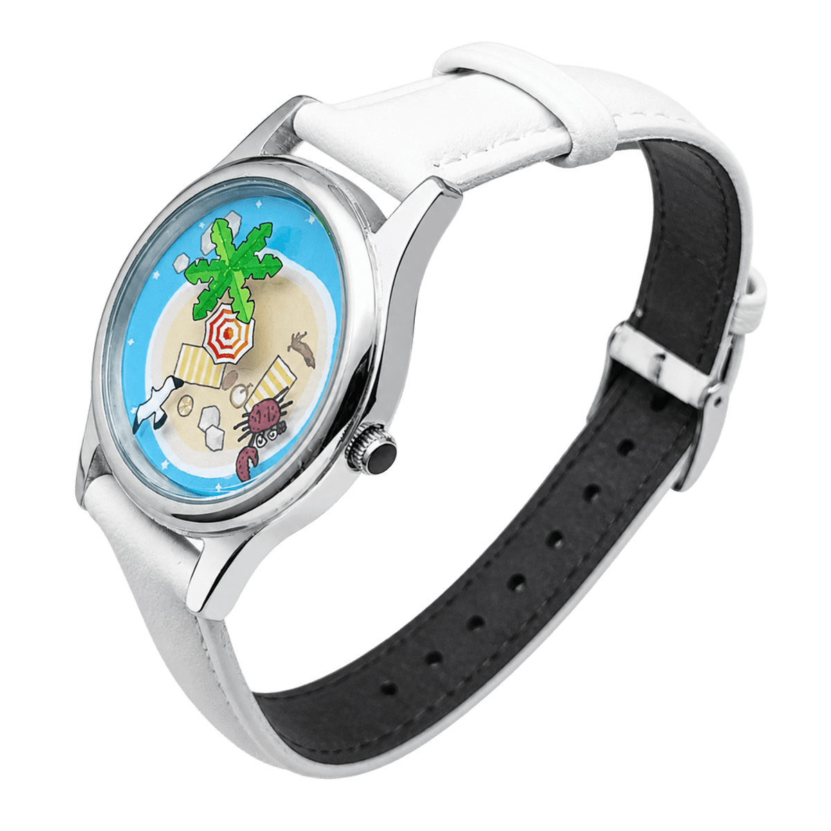 Side-angle view of Lazy Island Diary watch with tropical beach dial, polished silver-tone case and white strap with buckle