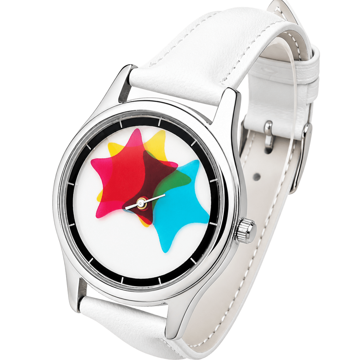 Chroma Morph rotating CMY star watch with alternate kaleidoscope pattern