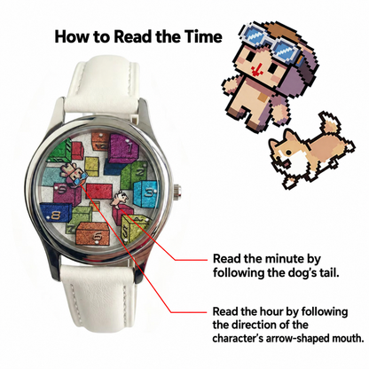 CHOOSZ Weightless Hours time-reading guide: the dog's tail indicates the minute and the character's arrow-shaped mouth indicates the hour