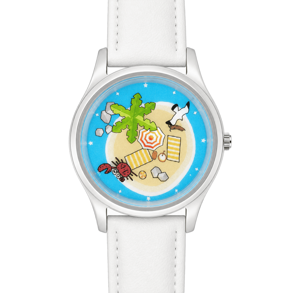 Close-up of Lazy Island Diary watch with white strap, showing palm tree, beach umbrella, red crab and seagull on the dial