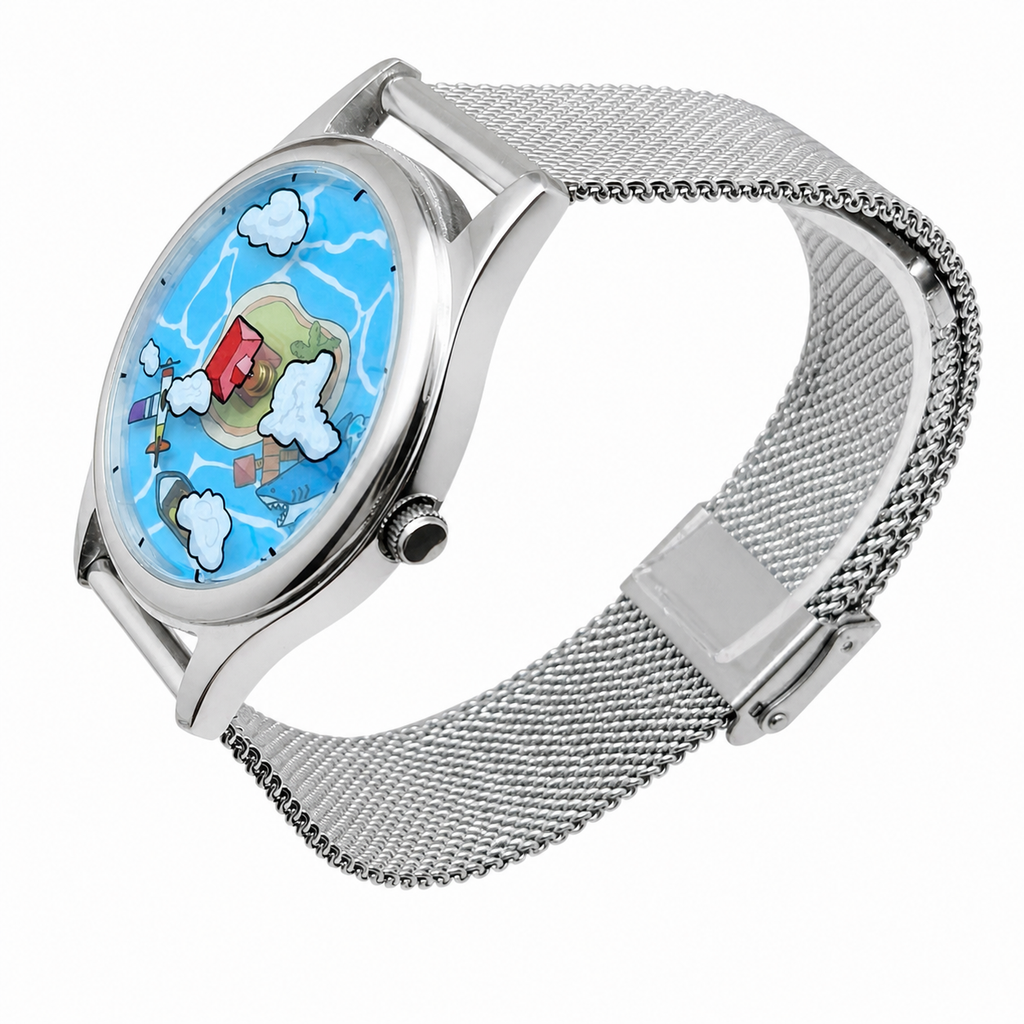 Voyager's Log hand-painted island watch side view with mesh strap