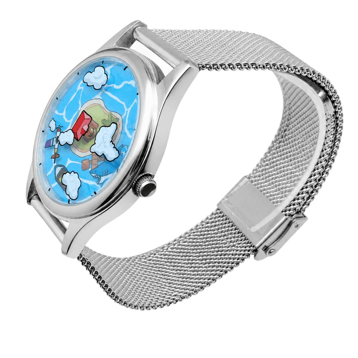 Side-angle view of Voyager's Log watch with blue illustrated island dial, steel case, crown and silver mesh strap with clasp